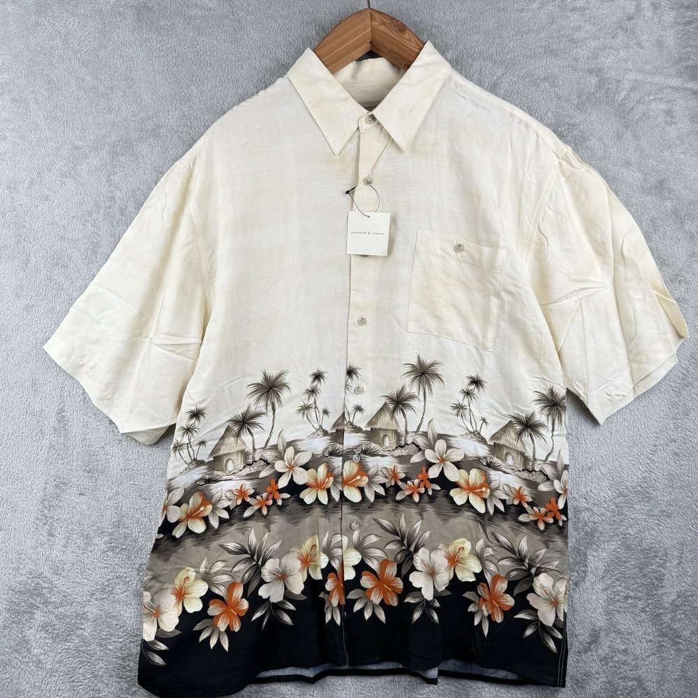 Preswick & Moore Hawaiian Shirt Mens XL Hibiscus Flowers Palm Trees Beach‎ NWT